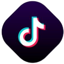 Tiktok logo met een zwart-paarse achtergrond en wit-blauwe accenten, ontworpen in de kenmerkende muzieknootstijl.