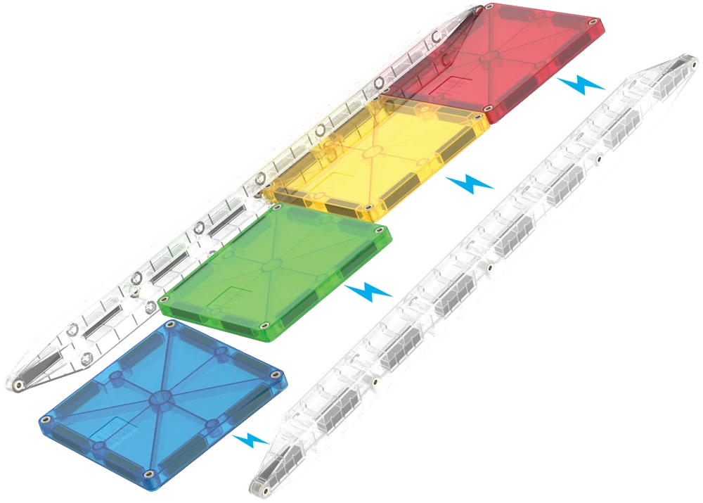 Magnetisch speelgoed met transparante knikkerbaan magnetisch en 33 tegels in vier kleuren.