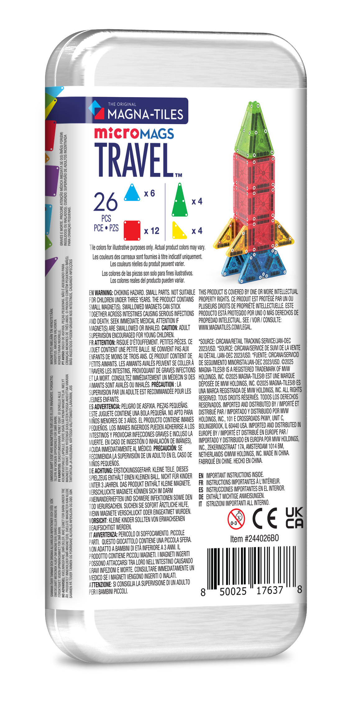 Achterzijde travel set verpakking met 26 magnetische tegels MicroMags, productnummer 244026B0