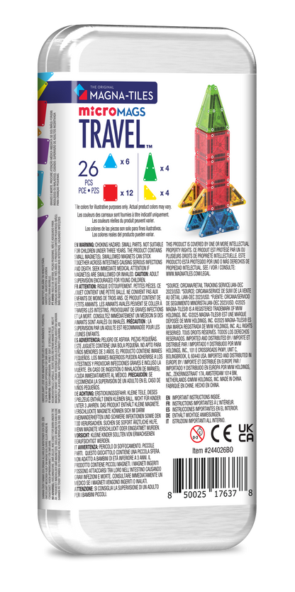Achterzijde travel set verpakking met 26 magnetische tegels MicroMags, productnummer 244026B0