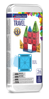 Voorkant travel set verpakking met magnetic magna tiles MicroMags, 26 stuks voor leeftijd 3-99