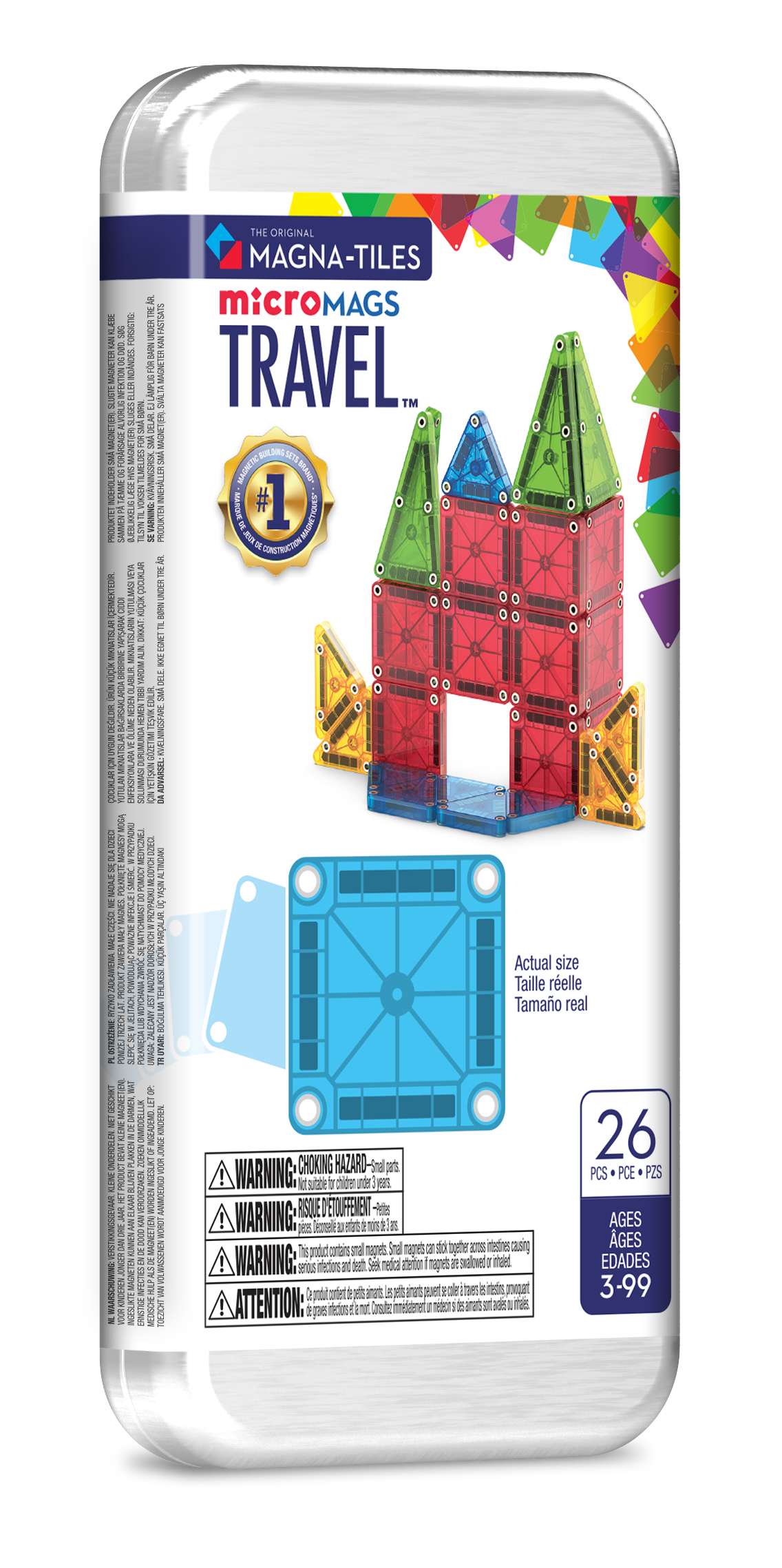 Voorkant travel set verpakking met magnetic magna tiles MicroMags, 26 stuks voor leeftijd 3-99