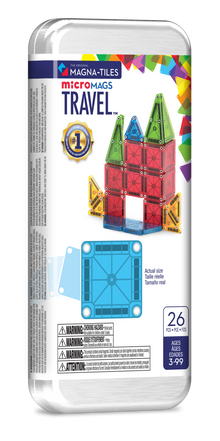 Voorkant travel set verpakking met magnetic magna tiles MicroMags, 26 stuks voor leeftijd 3-99