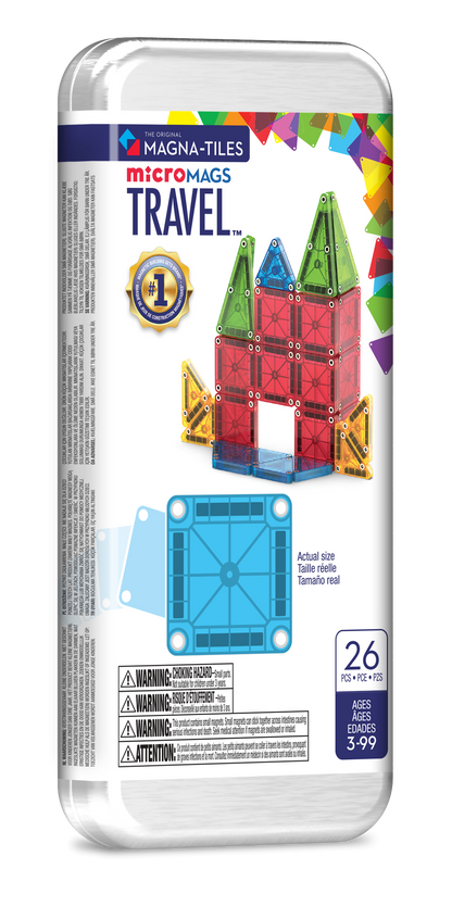 Voorkant travel set verpakking met magnetic magna tiles MicroMags, 26 stuks voor leeftijd 3-99