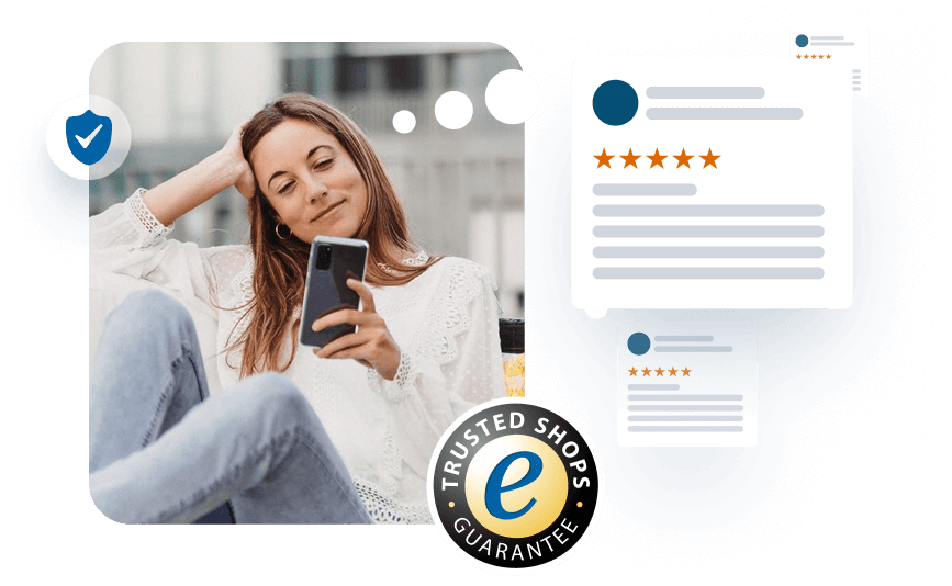 Vrow kijkt op telefoon naar reviews van trusted shops sproutz