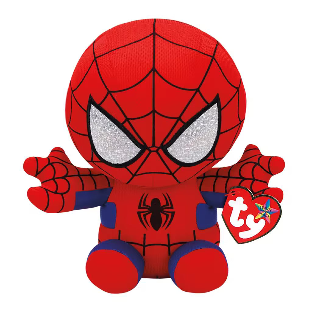 TY Marvel Spiderman knuffel 24CM met rood-blauw pak en glitter ogen, zacht speelgoed geschikt voor kinderen.