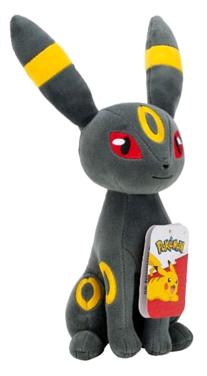 Umbreon Pokémon knuffel in schuin vooraanzicht, zachte pluche Pokémon Umbreon met rode ogen en officiële Pokémon hangtag.
