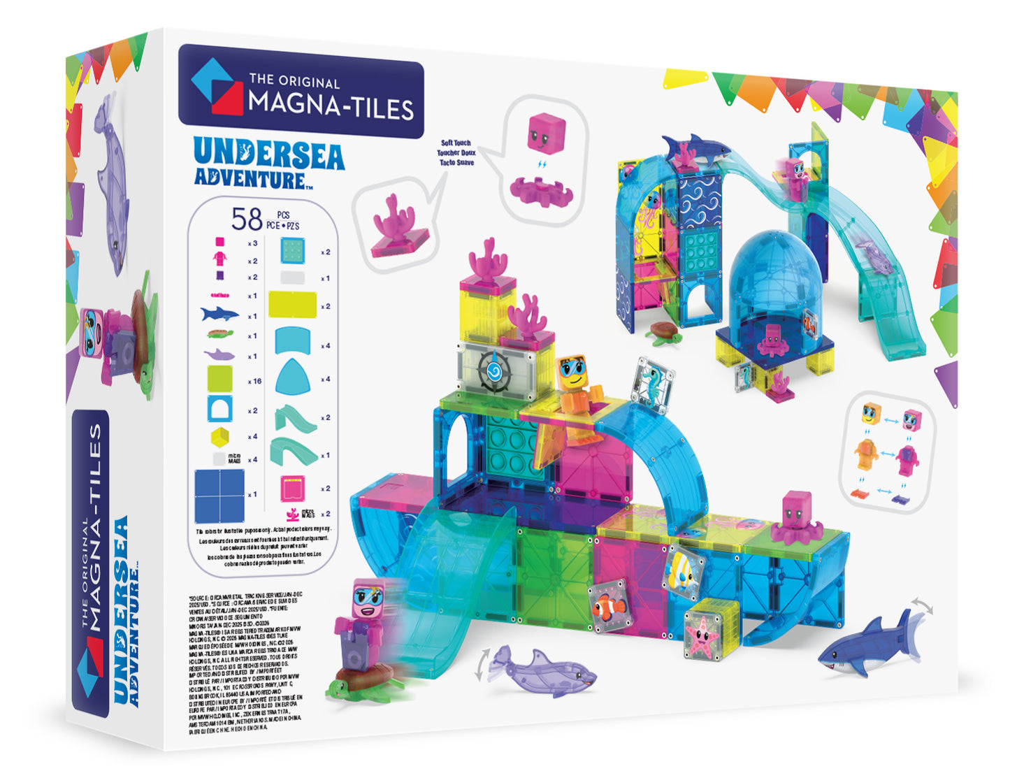 Undersea Adventure achterzijde verpakking met 58 magnetische onderdelen en inhoud overzicht Magna-Tiles