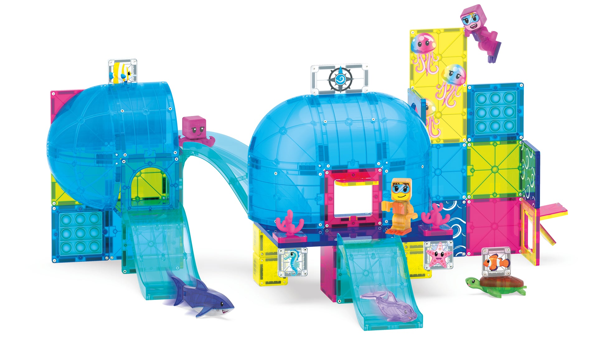 Undersea Adventure magnetische tegels bovenaanzicht met gekleurde pop it onderdelen en zeedierfiguren