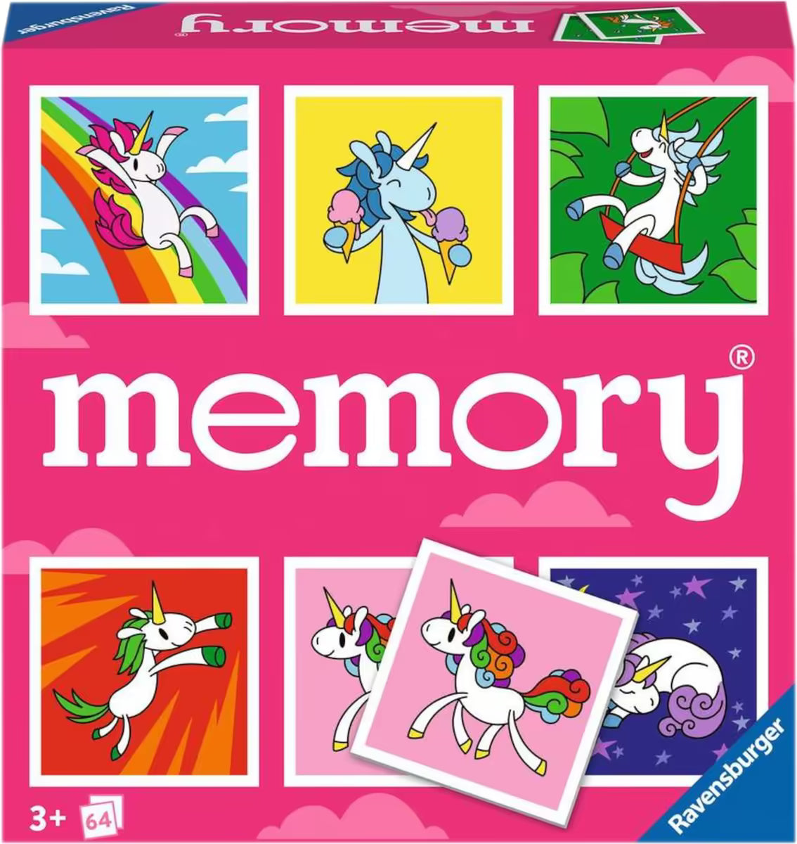 Voorkant van Ravensburger Unicorn Memory spel, kleurrijke eenhoorn illustraties, ideaal educatief speelgoed voor kinderen.
