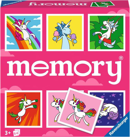 Voorkant van Ravensburger Unicorn Memory spel, kleurrijke eenhoorn illustraties, ideaal educatief speelgoed voor kinderen.
