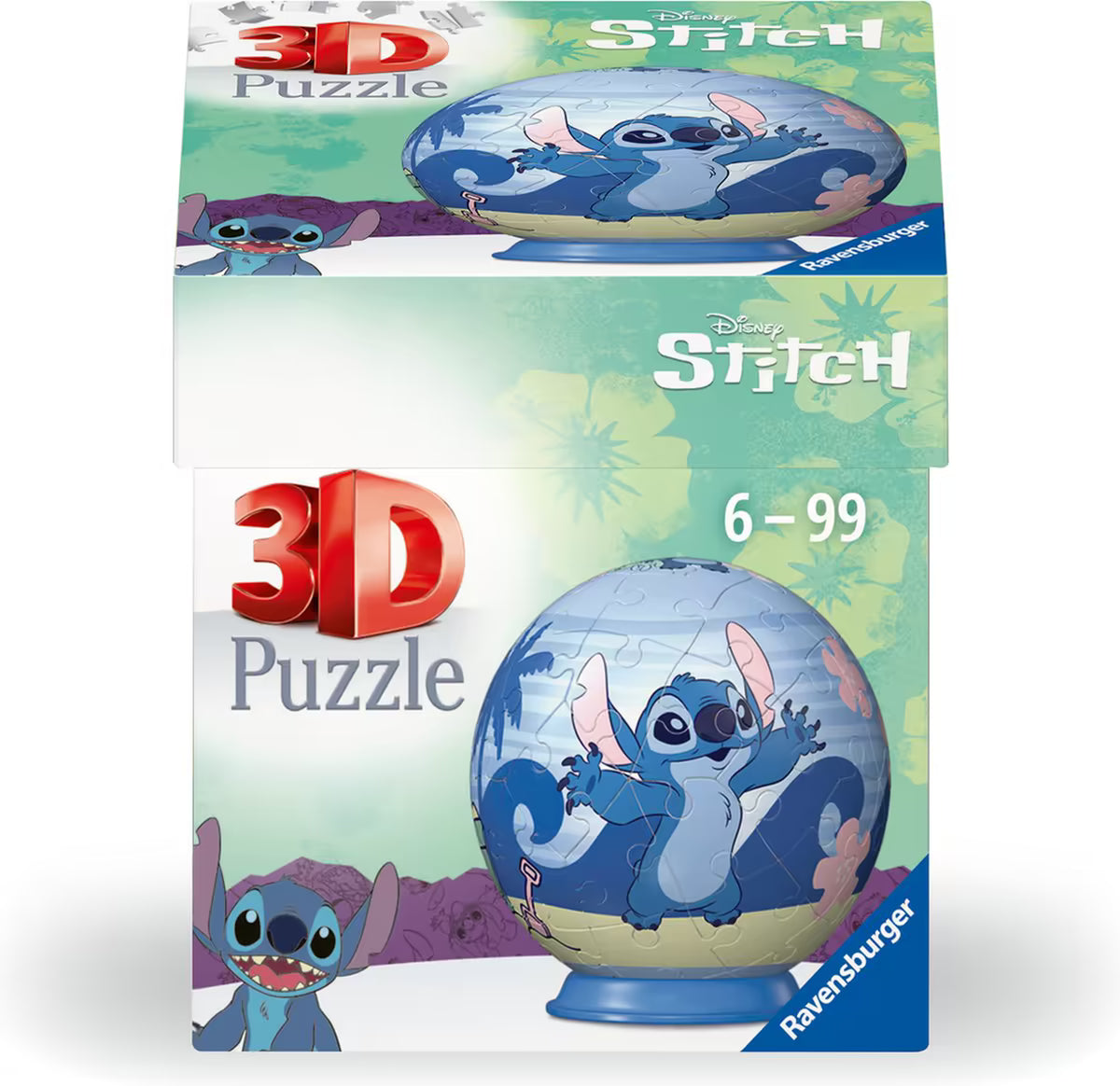 Voorkant van de verpakking van de Ravensburger puzzle Stitch 3D Puzzle-Ball, kleurrijk en kindvriendelijk ontwerp met blauwe achtergrond.