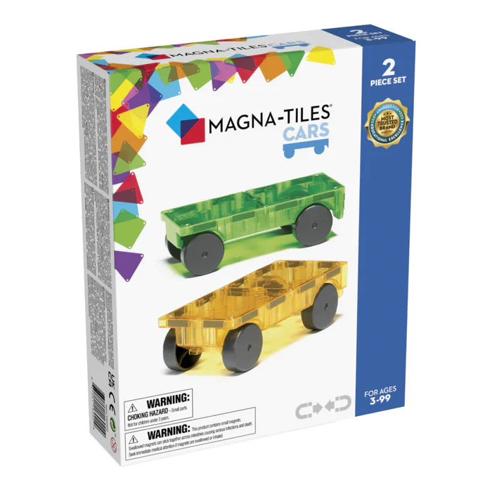 Doos met Magna Tiles bevat Magnetic Cars Groen & Geel, 2 bouwstenen met voertuigchassis voor kinderen van 3-99 jaar.