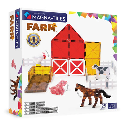 Voorkant doos van de magnetic Magna Tiles farm animals set en bevat 25 magnetische tegels met boerderij en dieren.Voorkant doos van de magnetic Magna Tiles farm animals set en bevat 25 magnetische tegels met boerderij en dieren.