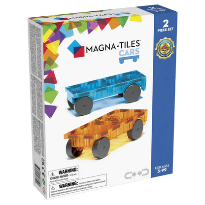 Voorkant doos van de Magnetic Magna Tiles Cars set bevat 2 transparante blauwe en oranje onderstellen met wielen.
