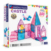 voorzijde doos Magnetic Magna Tiles castle set. 25 roze en paarse magnetische bouwstenen, inclusief een draak en kasteel.