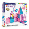 voorzijde doos Magnetic Magna Tiles castle set. 25 roze en paarse magnetische tegels, inclusief een draak en kasteel.