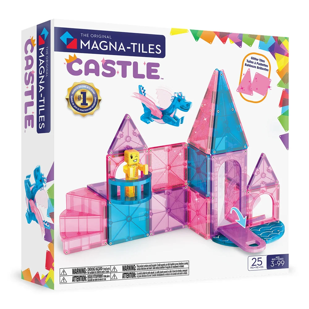 voorzijde doos Magnetic Magna Tiles castle set. 25 roze en paarse magnetische tegels, inclusief een draak en kasteel.