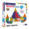 De voorkant van de doos van de magnetic Magna Tiles deluxe microMAGS set bevat 70 magnetische bouwstenen met maattabel.