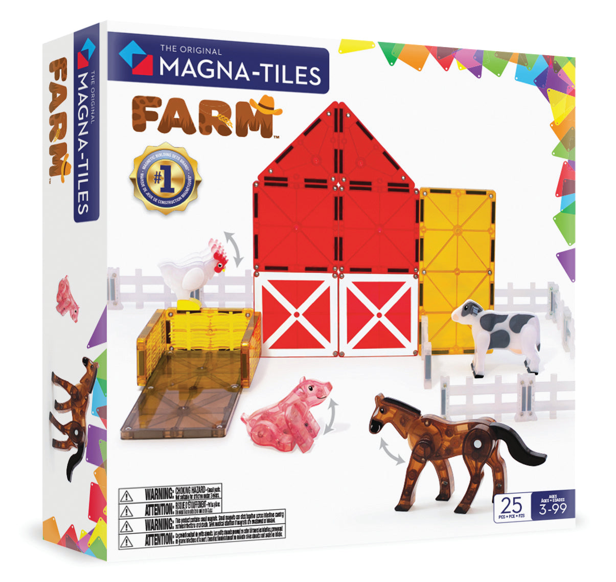 Voorkant doos magnetic magna tiles farm animals met boerderij en boerderijdieren afgebeeld