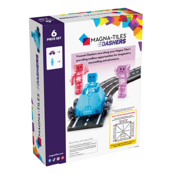 De Magnetic Magna Tiles Dashers-set bevat 6 kleurrijke stukken met personages en een voertuig voor STEAM-leerplezier.