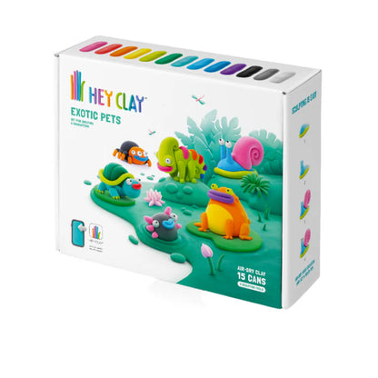 Voorzijde van Hey Clay Exotic Pets doos met 15 potjes boetseerklei, kleurrijk speelgoed en klei-ideeën voor kinderen.