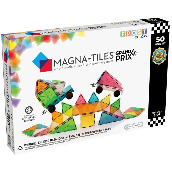 Doos met magnetische Magna Tiles Grand Prix-set, 50 magnetische bouwstenen, levendig racethema, leeftijd 3-99.