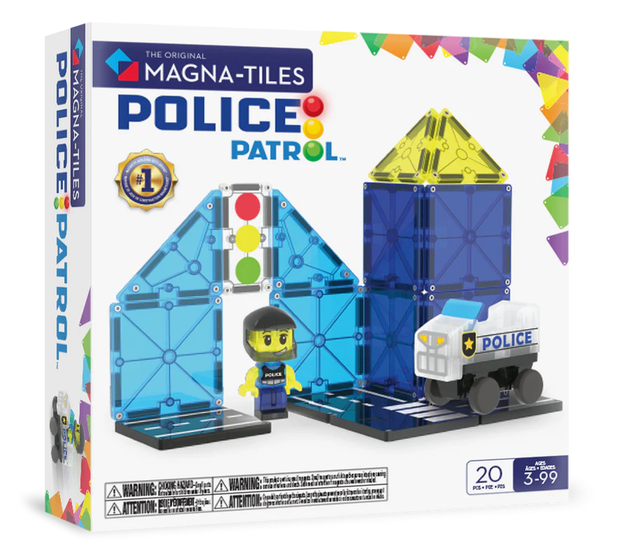 Voorzijde verpakking van de Police Patrol speelset met 20 magnetische bouwstenen van het merk Magna Tiles.