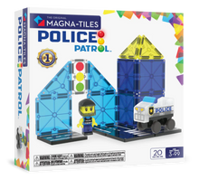 Voorzijde verpakking van de Police Patrol speelset met 20 magnetische bouwstenen van het merk Magna Tiles.