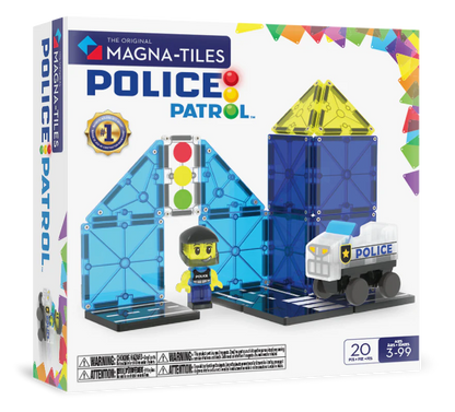 Voorzijde verpakking van de Police Patrol speelset met 20 magnetische bouwstenen van het merk Magna Tiles.
