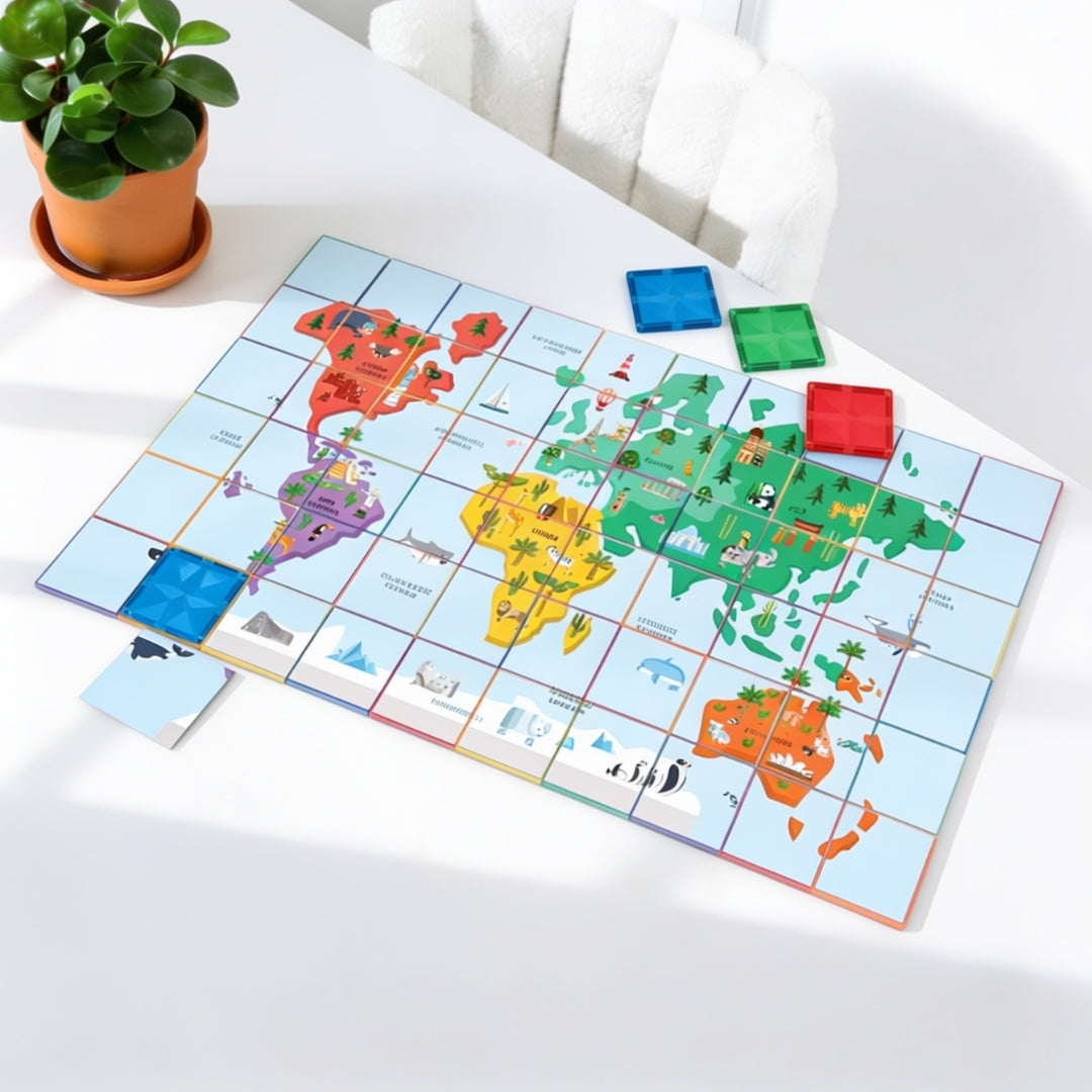 Wereldkaart puzzel bovenaanzicht met coblo magnetische tegels, volledige wereldkaart met continenten