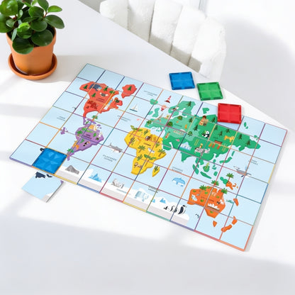 Wereldkaart puzzel bovenaanzicht met coblo magnetische tegels, volledige wereldkaart met continenten