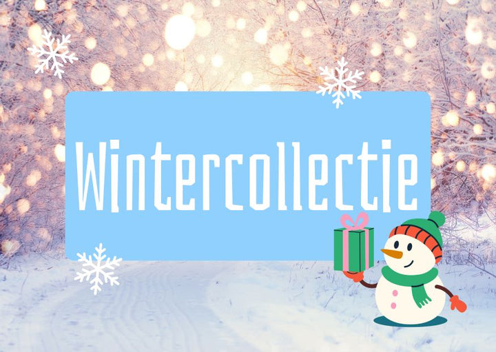 wintercollectie met een sneeuwpop die een muts en sjaal omheeft en een cadeau draagt