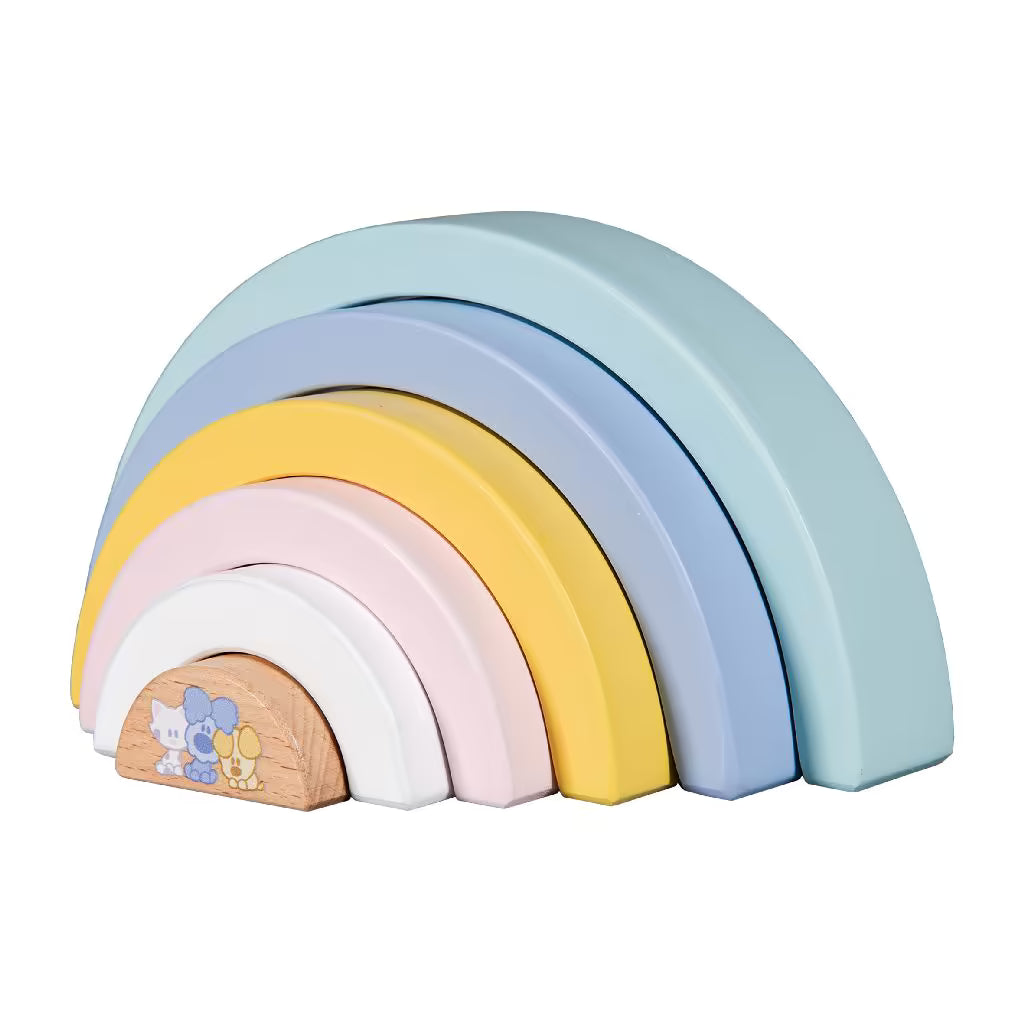 Woezel en Pip Baby Regenboog 6-delig met vrolijke pastelkleuren, duurzaam speelgoed hout voor peuters en kleuters.