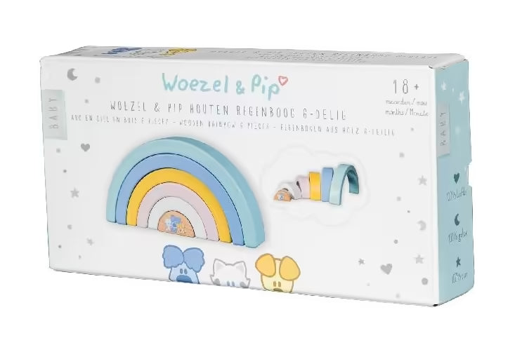 Voorkant verpakking Woezel en Pip Baby Regenboog met zes houten bogen, sensorisch speelgoed geschikt vanaf 18 maanden.