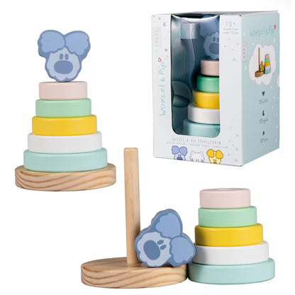 Houten Woezel en Pip Baby Stapeltoren met vijf kleurrijke ringen en figuur, educatief speelgoed voor peuters.