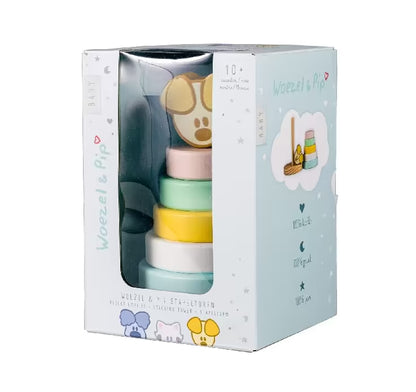 Woezel & Pip Baby Stapeltoren verpakt in doos met houten ringen in pastelkleuren, sensorisch speelgoed voor peuters.