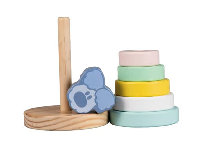 Uit elkaar gehaalde Woezel en Pip houten stapeltoren met losse ringen, kleurrijk sensorisch speelgoed voor kinderen.