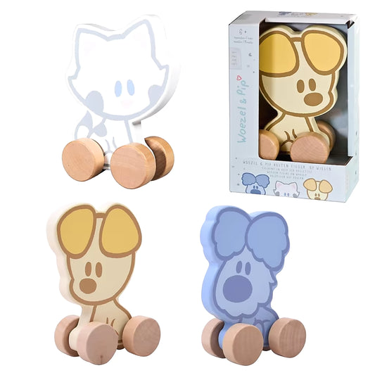 Set houten trekfiguur dieren uit Woezel en Pip, met Woezel, Pip en Buurpoes, kleurrijk baby speelgoed in hout.