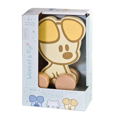 Houten trekfiguur Pip in geel, voorkant doos, duurzaam baby speelgoed en leuk kraamcadeau.