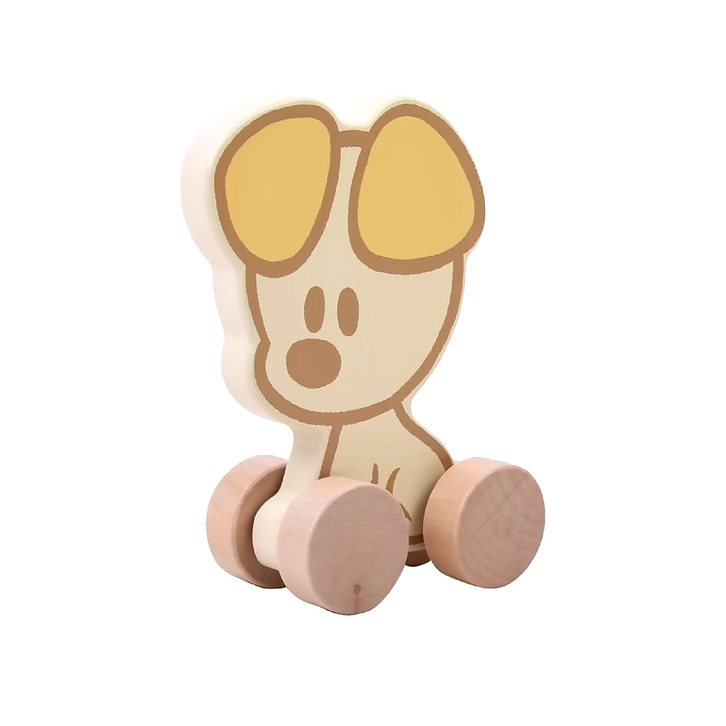 Geel houten trekfiguur Pip, duurzaam peuter speelgoed 18cm en geschikt als origineel baby cadeau.