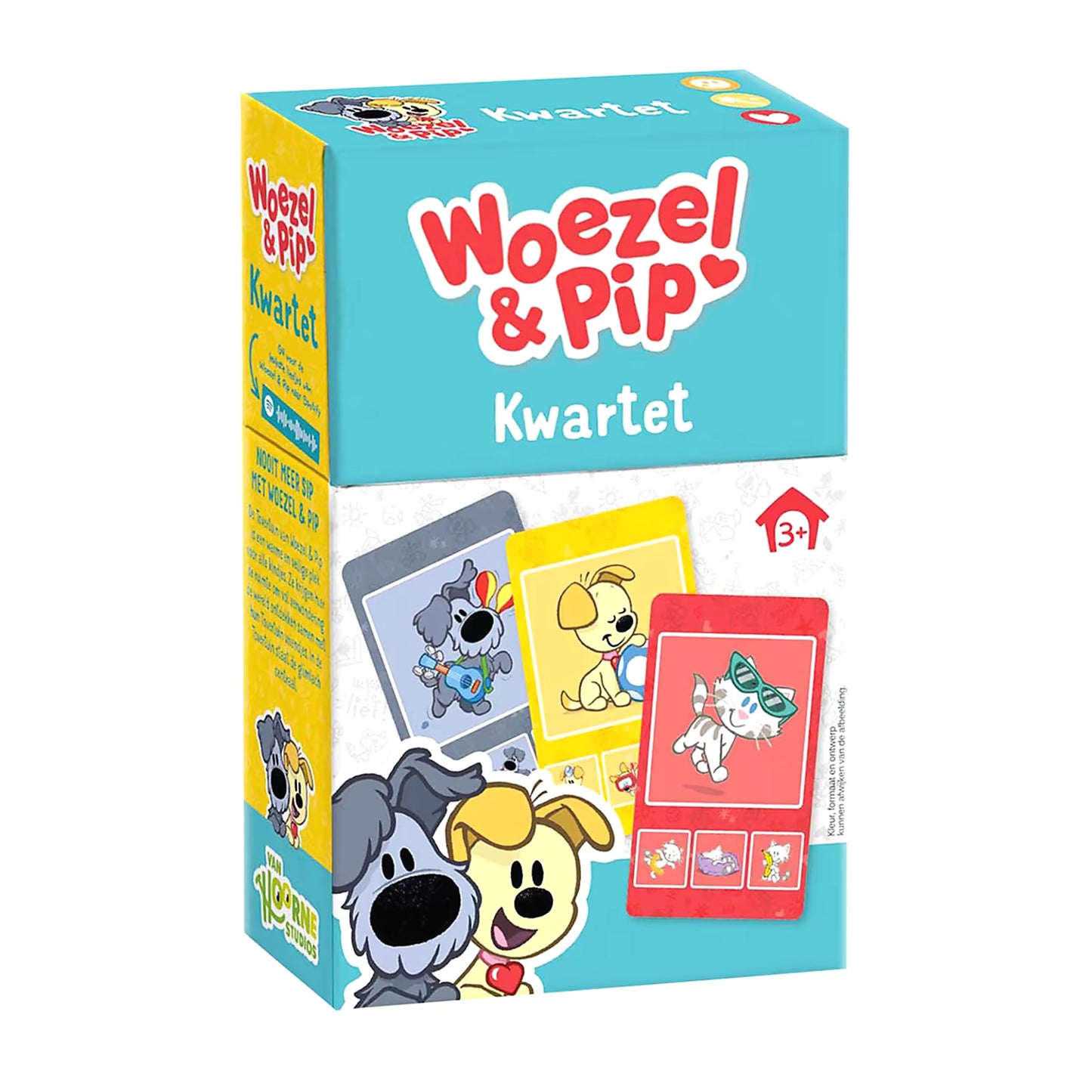 Voorkant van de Woezel en Pip kwartet doos met vrolijke illustraties, leuk familiespel voor kinderen vanaf drie jaar.