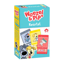 Voorkant van de Woezel en Pip kwartet doos met vrolijke illustraties, leuk familiespel voor kinderen vanaf drie jaar.