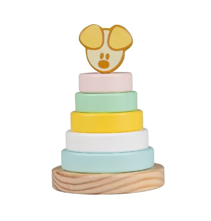 Houten Woezel en Pip stapeltoren opgebouwd met Pip figuur en vijf ringen in pastel, educatief en Montessori speelgoed.