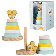 Complete Woezel en Pip Baby Stapeltoren met losse houten ringen en verpakking, veilig sensorisch speelgoed voor kinderen.