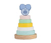 Pastelgekleurde Woezel & Pip stapeltoren van hout met blauwe Woezel bovenop, Montessori speelgoed voor baby’s.