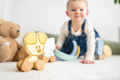Houten Woezel en Pip duwfiguur detail foto met baby spelend op achtergrond, montessori speelgoed