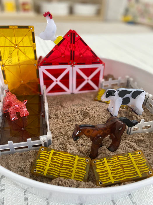 Zandbak met magnetic magna tiles boerderij en farm animals, ideaal magnetisch speelgoed voor peuters